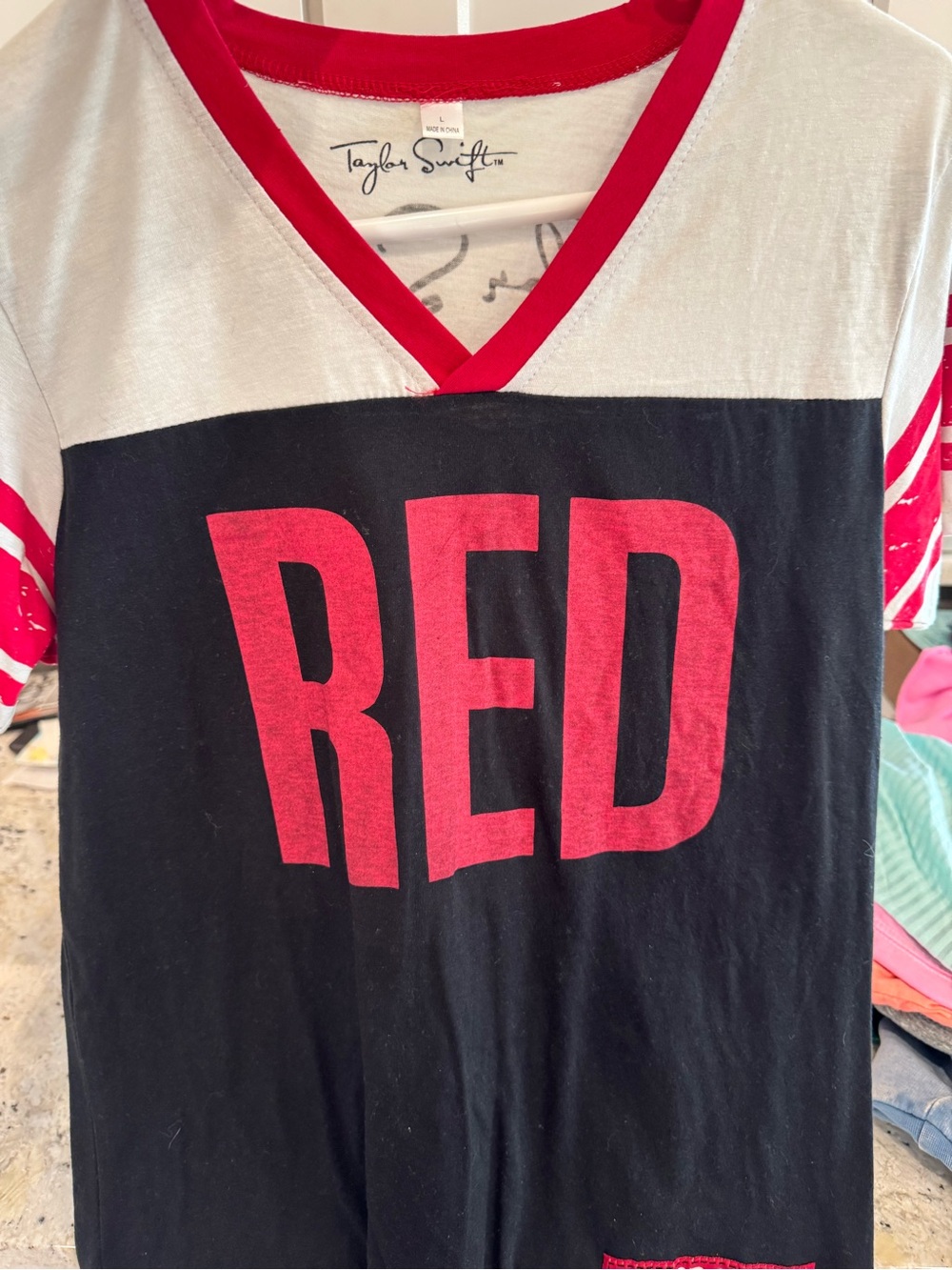 Taylor Swift womens V-Neck 'RED' Graphic Tee — Black & Red